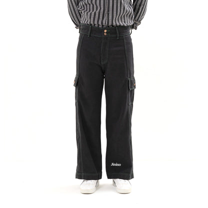 JINISO Loose Cargo Denim Jeans Pria Black Army 403