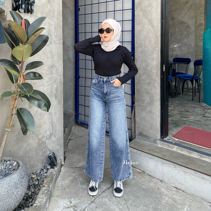 JINISO - Celana Jeans Highwaist Baggy Oversize Regular dan Panjang Wanita
