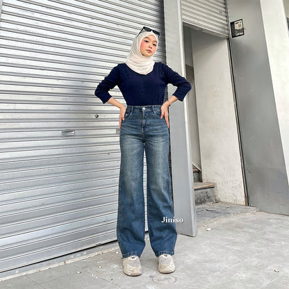 JINISO - Celana Jeans Highwaist Loose Stretch Regular dan Petite Wanita