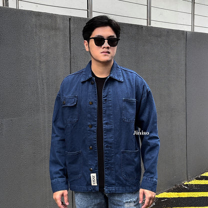 JINISO Pria Jaket Denim Jeans Oversize WorkWear Blue Black