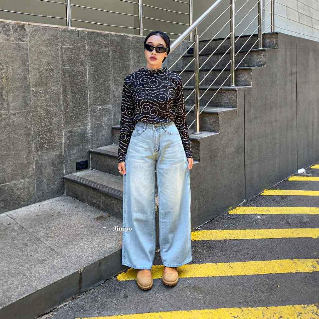 JINISO - Celana Jeans Highwaist Baggy Oversize Regular dan Panjang Wanita