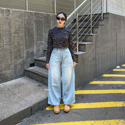 JINISO - Celana Jeans Highwaist Baggy Oversize Regular dan Panjang Wanita