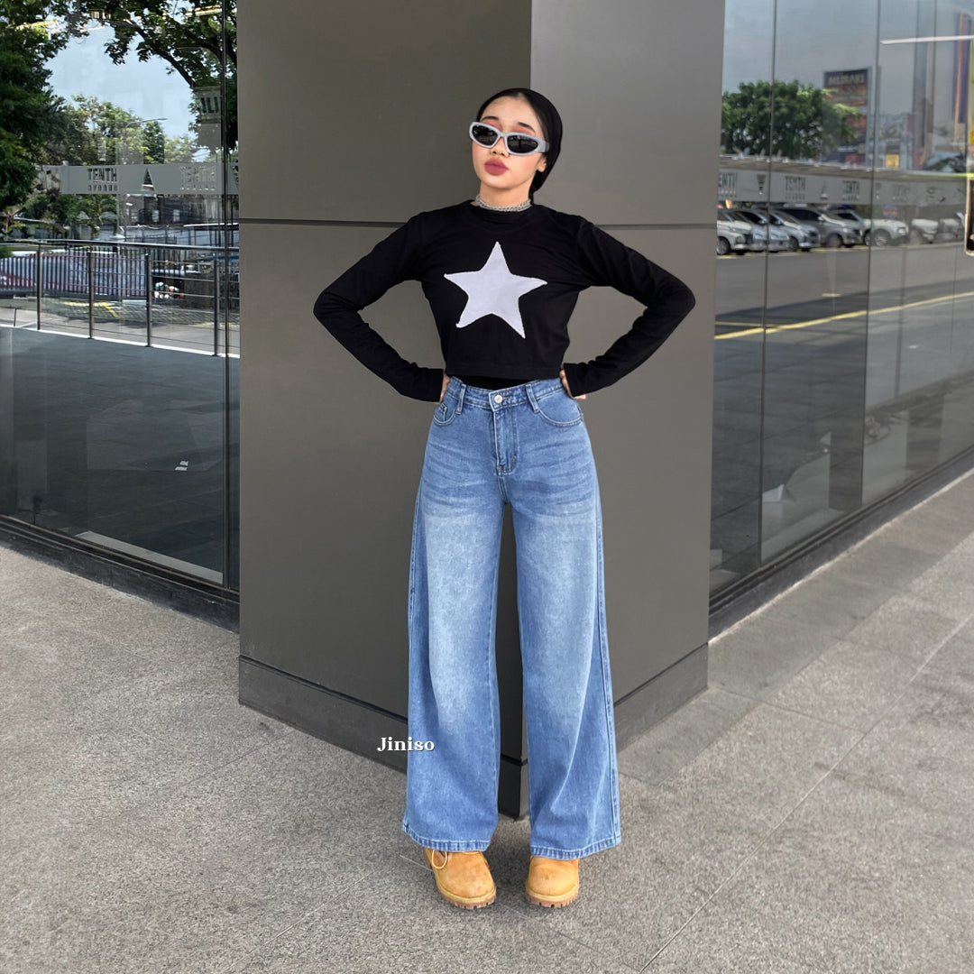 JINISO - Celana Jeans Highwaist Baggy Oversize Regular dan Panjang Wanita