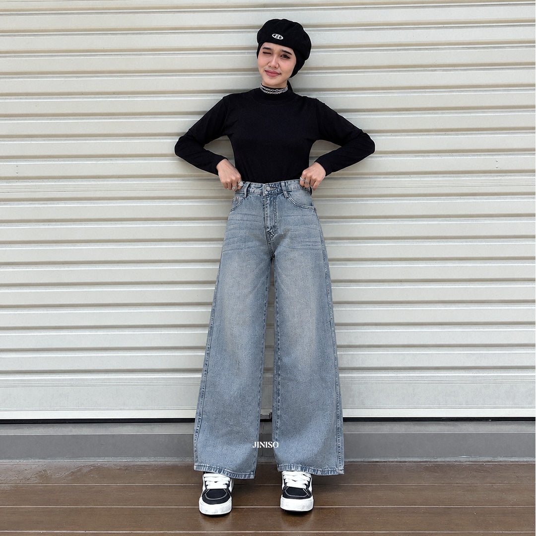 JINISO - Celana Jeans Highwaist Baggy Oversize Regular dan Panjang Wanita
