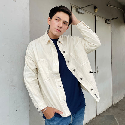 JINISO Pria Button Jaket Jeans Oversize Khaki