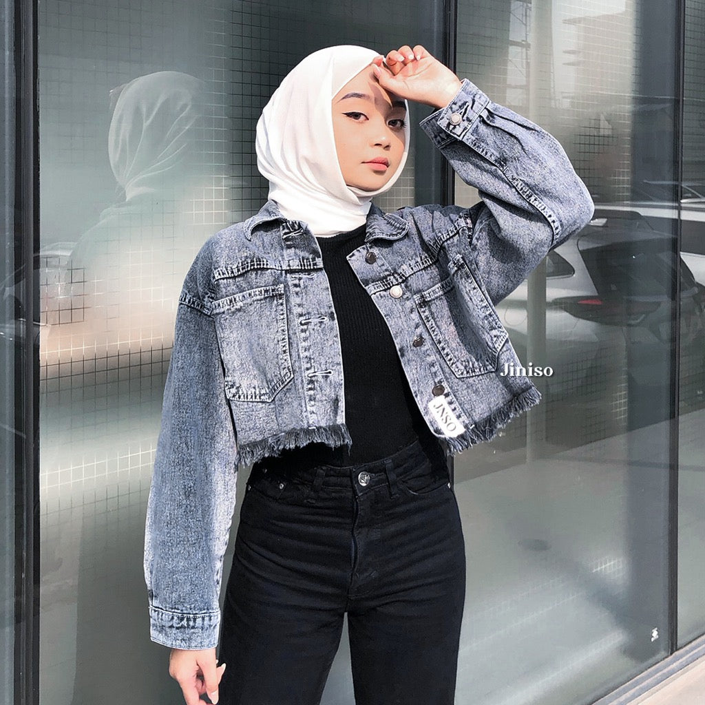 JINISO Jaket Crop Jeans Pocket Raw Snow Grey