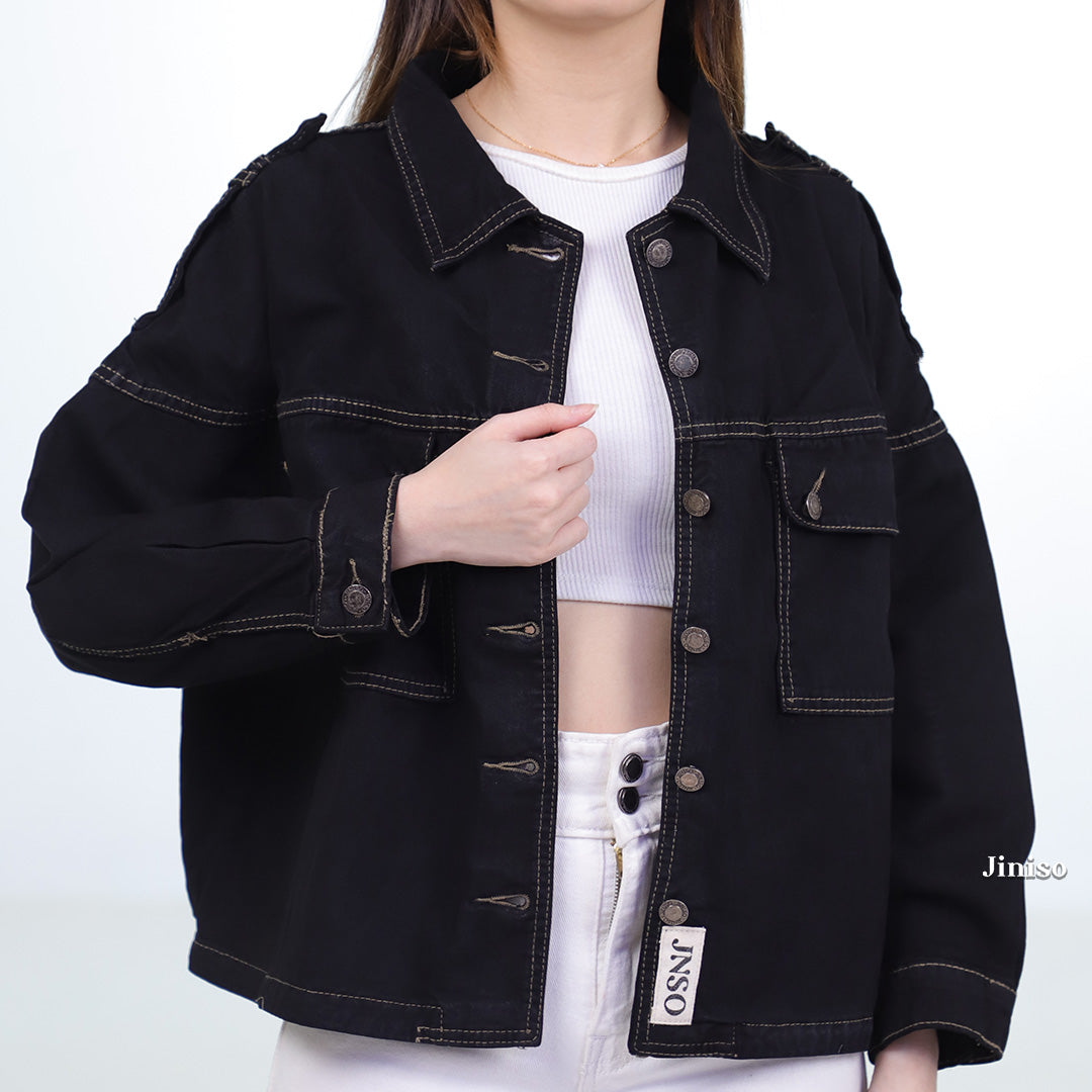 JINISO Jaket Crop Jeans Oversize Pocket Black Oreo Gold