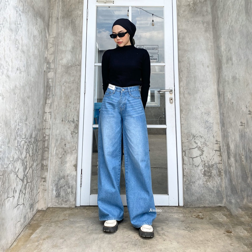 JINISO - Celana Jeans Highwaist Baggy Oversize Regular dan Panjang Wanita