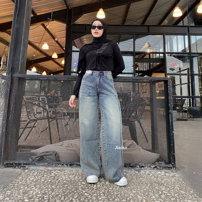 JINISO - Celana Jeans Highwaist Baggy Oversize Regular dan Panjang Wanita