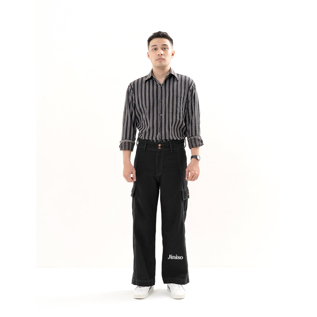 JINISO Loose Cargo Denim Jeans Pria Black Army 403