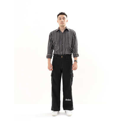 JINISO Loose Cargo Denim Jeans Pria Black Army 403