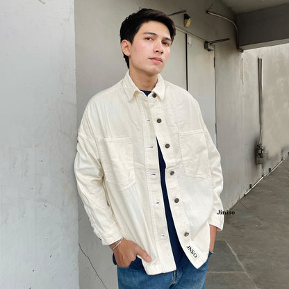 JINISO Pria Button Jaket Jeans Oversize Khaki