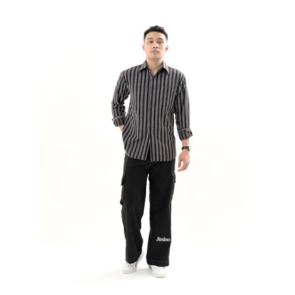 JINISO Loose Cargo Denim Jeans Pria Black Army 403
