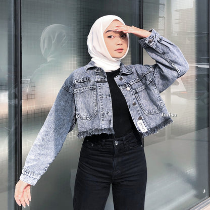 JINISO Jaket Crop Jeans Pocket Raw Snow Grey