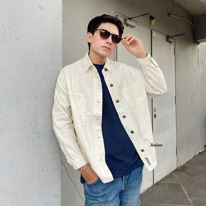 JINISO Pria Button Jaket Jeans Oversize Khaki