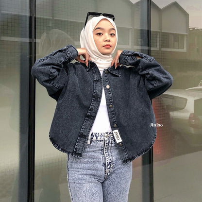 JINISO Jaket Crop Jeans Oversize Belle Basic Black Acid