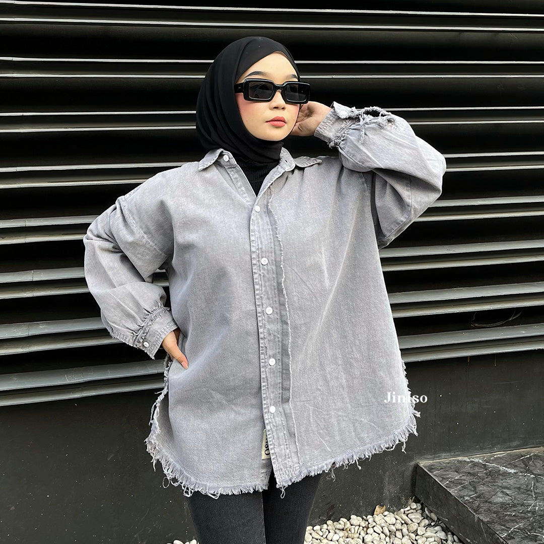 JINISO - Kemeja Denim Raw Snow Grey Oversize Unisex HYPER ACTIVE