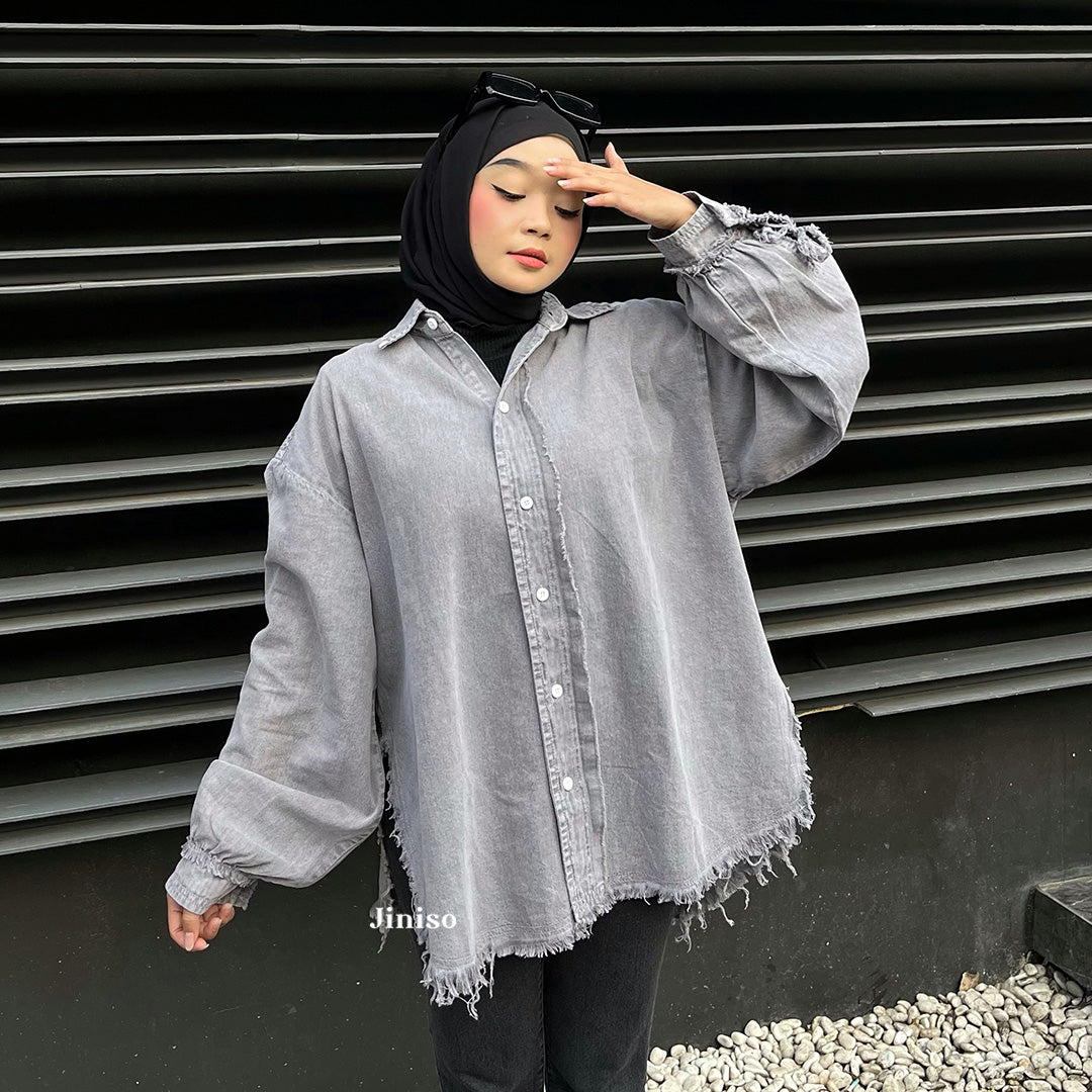 JINISO - Kemeja Denim Raw Snow Grey Oversize Unisex HYPER ACTIVE