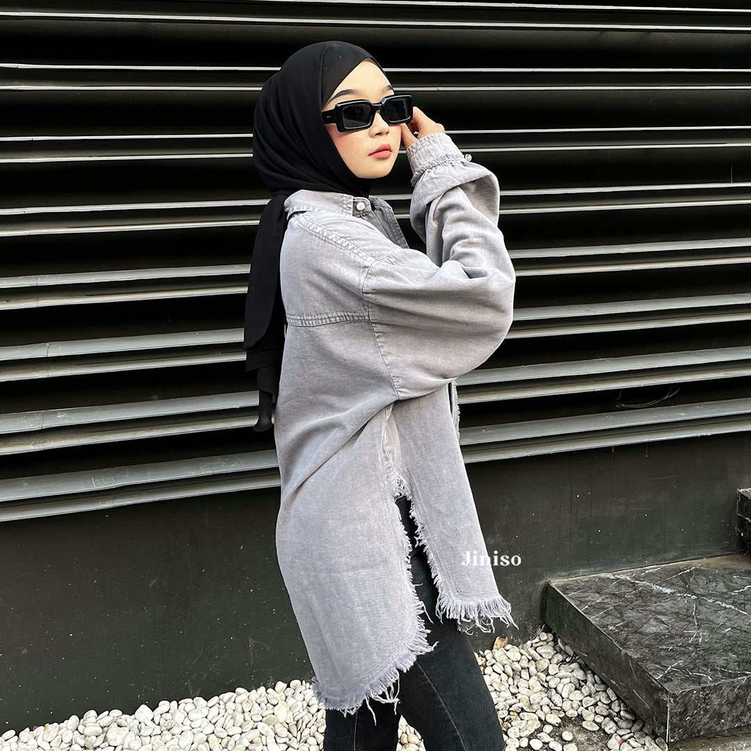 JINISO - Kemeja Denim Raw Snow Grey Oversize Unisex HYPER ACTIVE