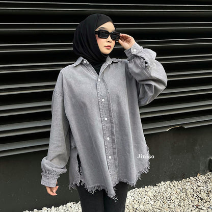 JINISO - Kemeja Denim Raw Snow Grey Oversize Unisex HYPER ACTIVE