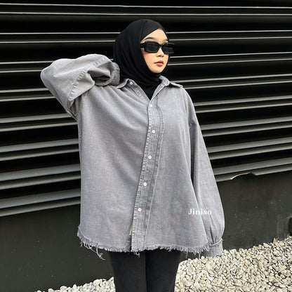 JINISO - Kemeja Denim Raw Snow Grey Oversize Unisex HYPER ACTIVE