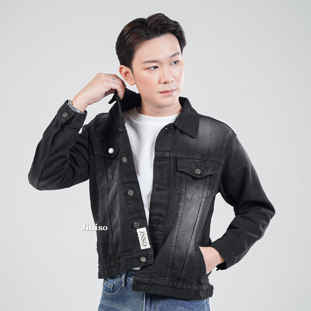 JINISO Pria Jaket Jeans Oversize Vintage Black Wash