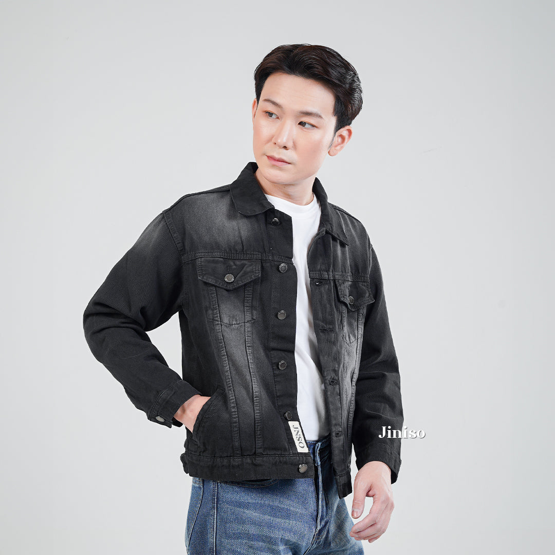 JINISO Pria Jaket Jeans Oversize Vintage Black Wash