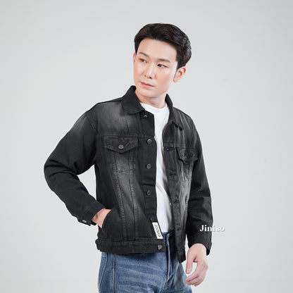 JINISO Pria Jaket Jeans Oversize Vintage Black Wash