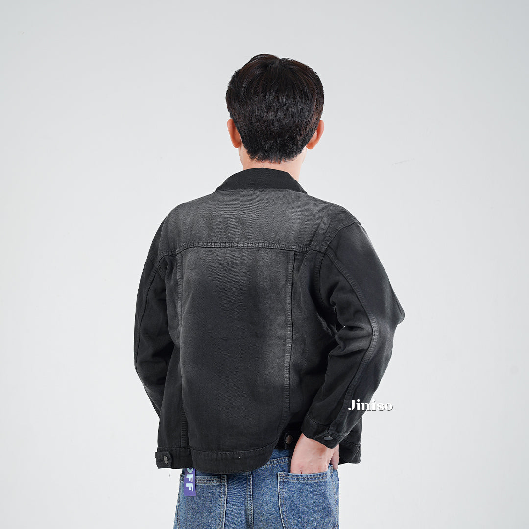 JINISO Pria Jaket Jeans Oversize Vintage Black Wash