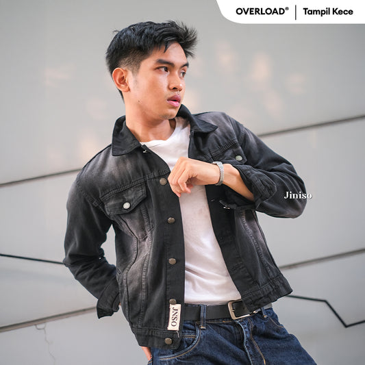 JINISO Pria Jaket Jeans Oversize Vintage Black Wash