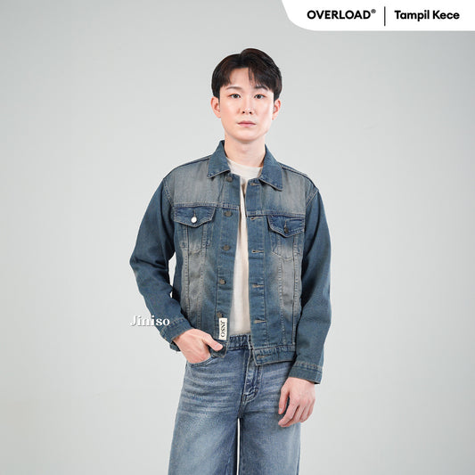 JINISO Pria Jaket Jeans Oversize Vintage Blue Wash