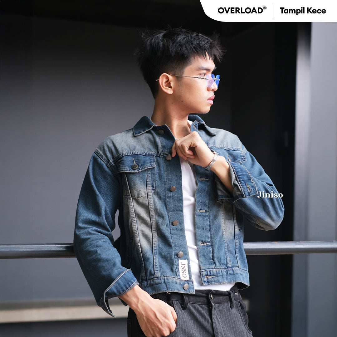 JINISO Pria Jaket Jeans Oversize Vintage Blue Wash