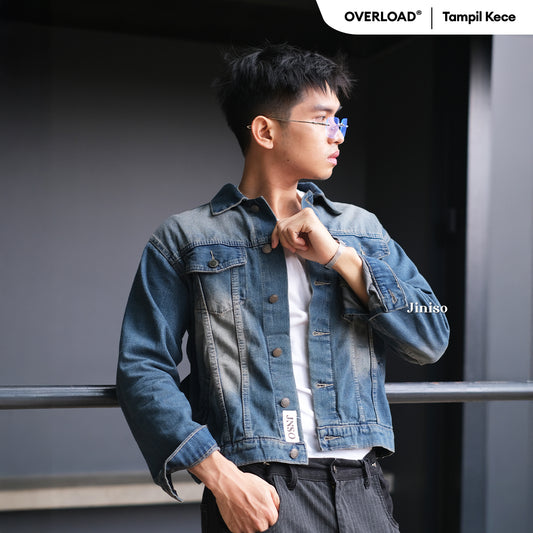 JINISO Pria Jaket Jeans Oversize Vintage Blue Wash