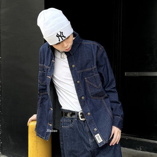 JINISO Pria Jaket Jeans Oversize Safari Bio Wash