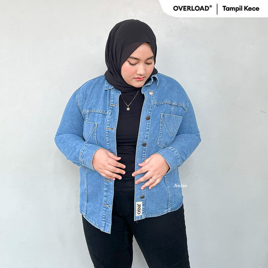 JINISO Big Size Jaket Jeans Oversize Safari Baby Blue