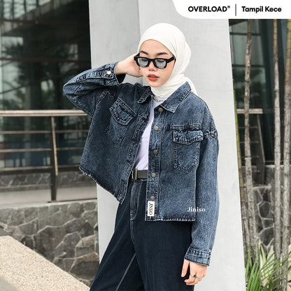 JINISO Jaket Crop Jeans Oversize Baggy Pocket Black Acid