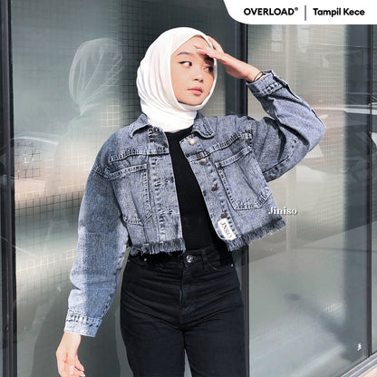 JINISO Jaket Crop Jeans Pocket Raw Snow Grey