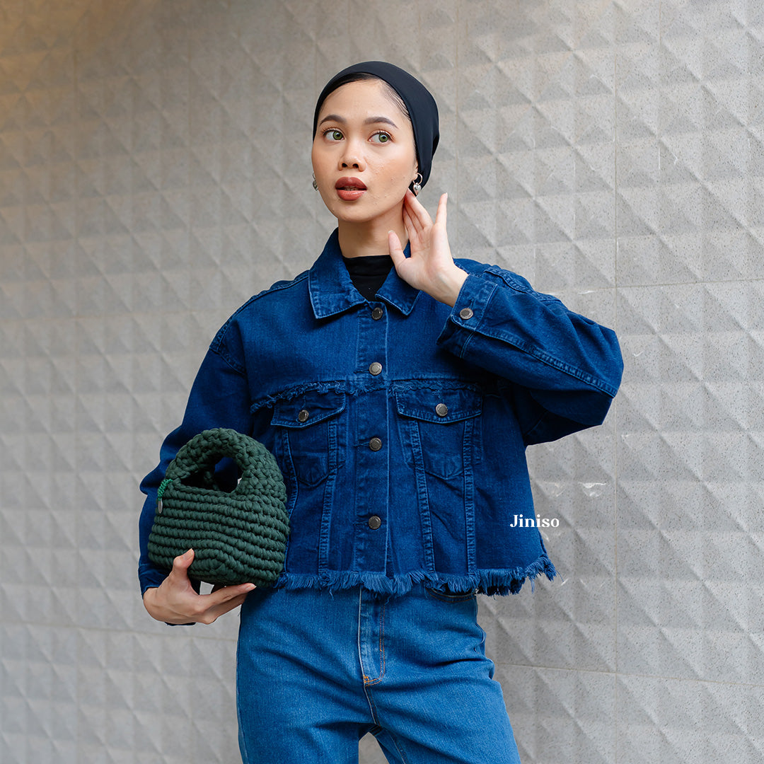 JINISO Jaket Crop Jeans Oversize Ivanka Blue Black