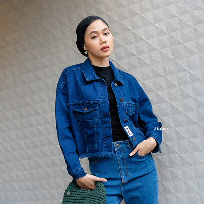 JINISO Jaket Crop Jeans Oversize Ivanka Blue Black