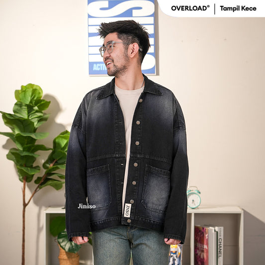 JINISO Pria Jaket Jeans Oversize Onyx Black Spray
