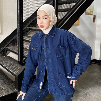 JINISO Jaket Denim Jeans Oversize WorkWear Blue Black