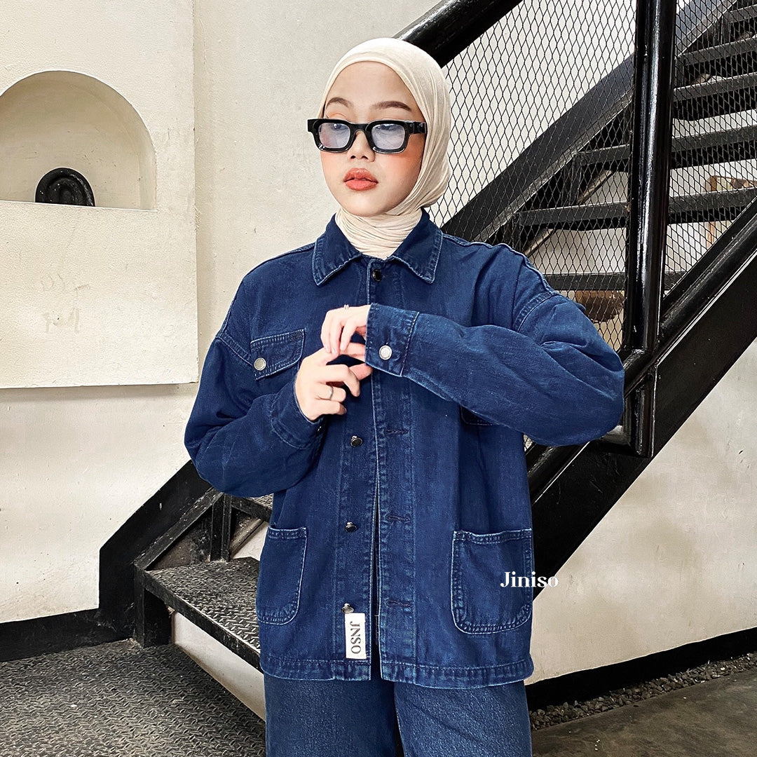 JINISO Jaket Denim Jeans Oversize WorkWear Blue Black