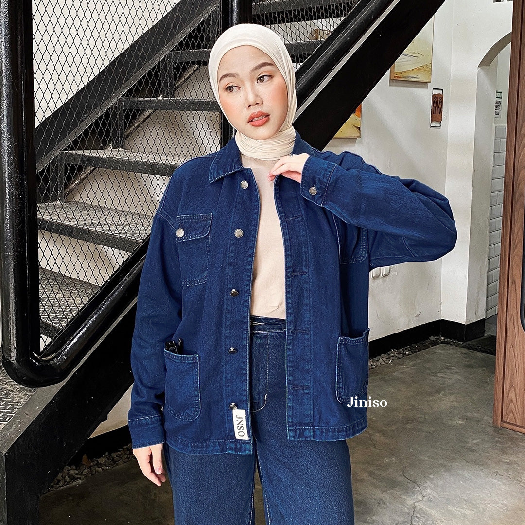 JINISO Jaket Denim Jeans Oversize WorkWear Blue Black