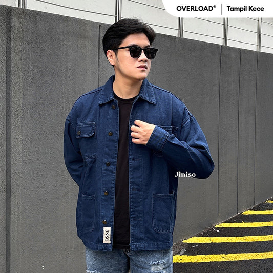 JINISO Pria Jaket Denim Jeans Oversize WorkWear Blue Black