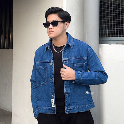 JINISO Pria Jaket Jeans Oversize Casual Bio Wash