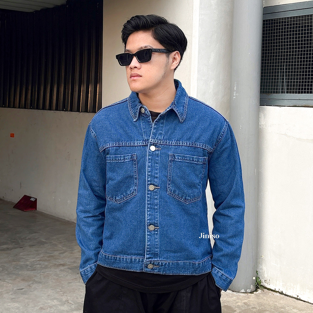 JINISO Pria Jaket Jeans Oversize Casual Bio Wash