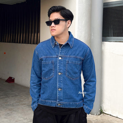 JINISO Pria Jaket Jeans Oversize Casual Bio Wash
