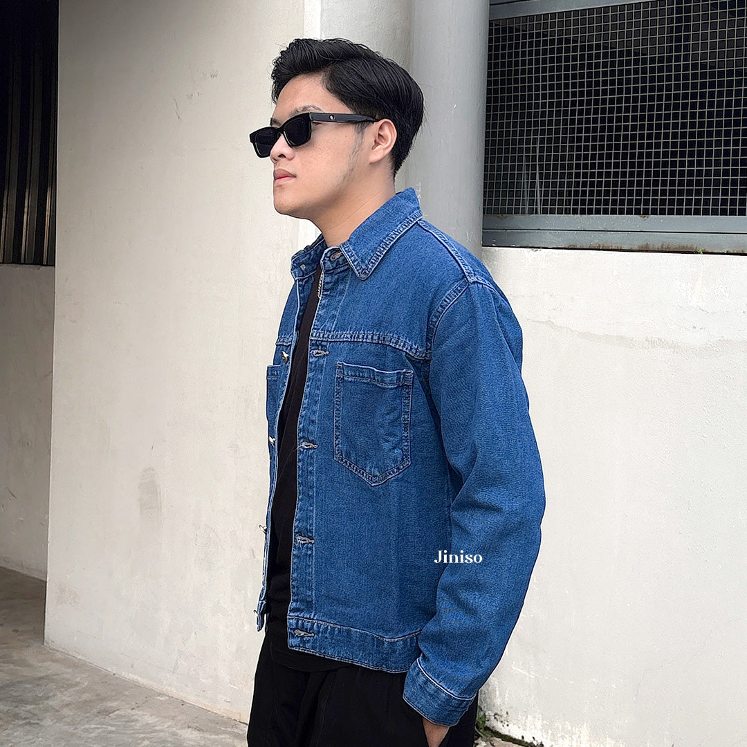 JINISO Pria Jaket Jeans Oversize Casual Bio Wash