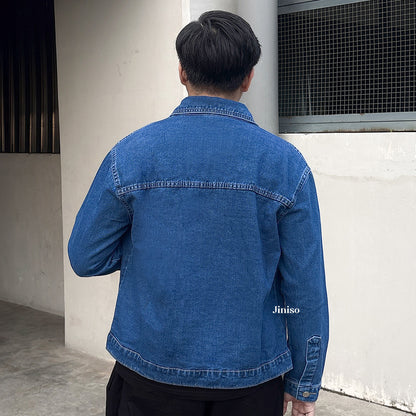 JINISO Pria Jaket Jeans Oversize Casual Bio Wash