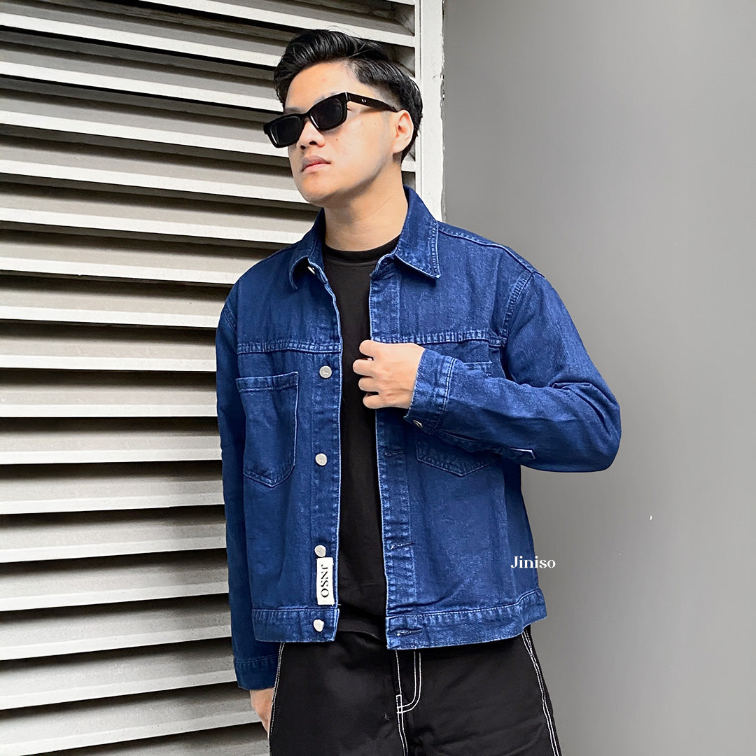 JINISO Pria Jaket Jeans Oversize Casual Blue Black